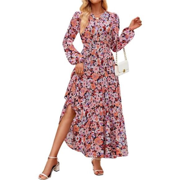 Dresses & Skirts - Women's Long Sleeve Maxi Dress Floral Print V Neck 01